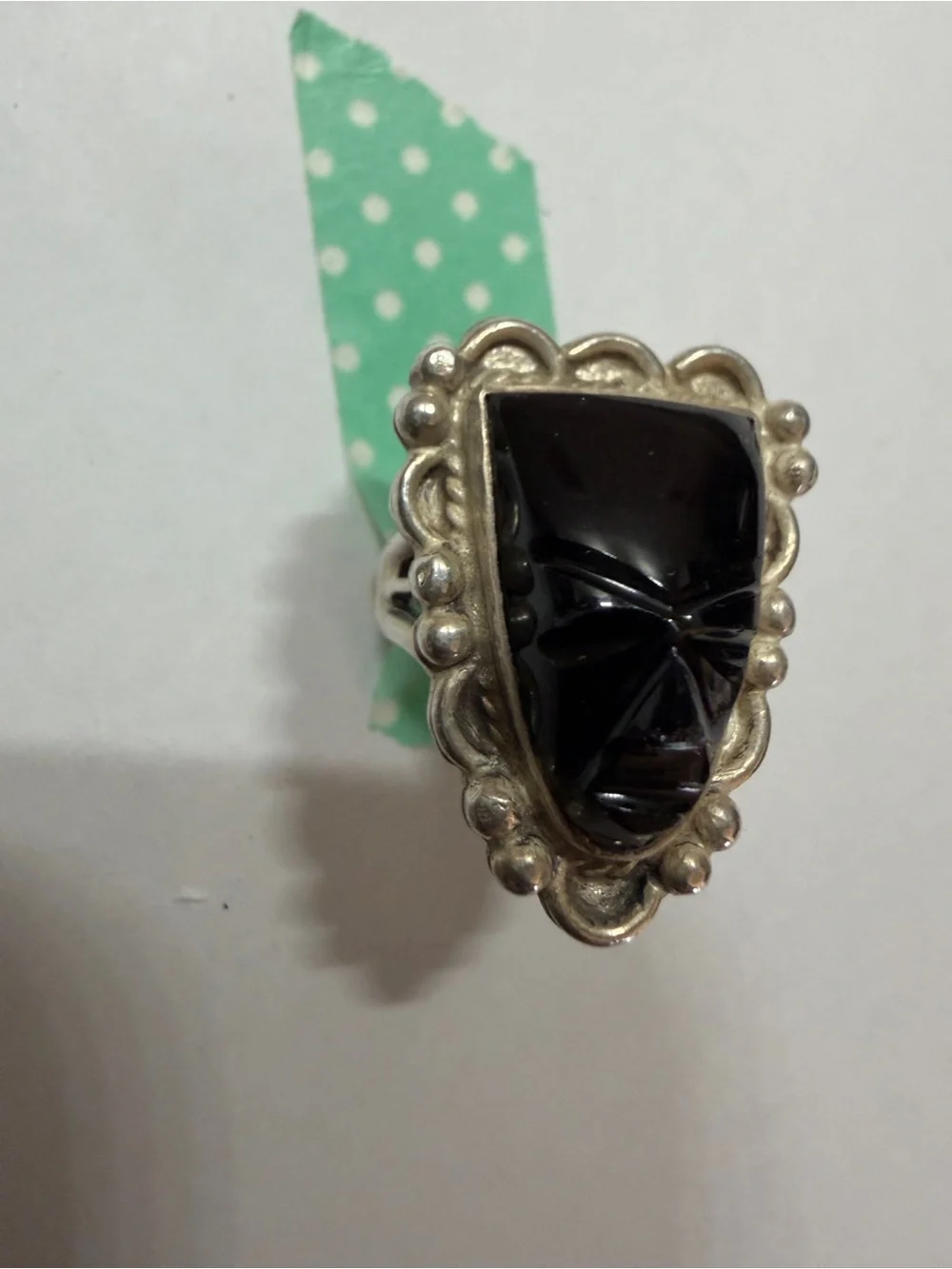 Vintage Sterling Silver Carved Black Onyx Aztec Warrior Mask Ring Size 5.5‎